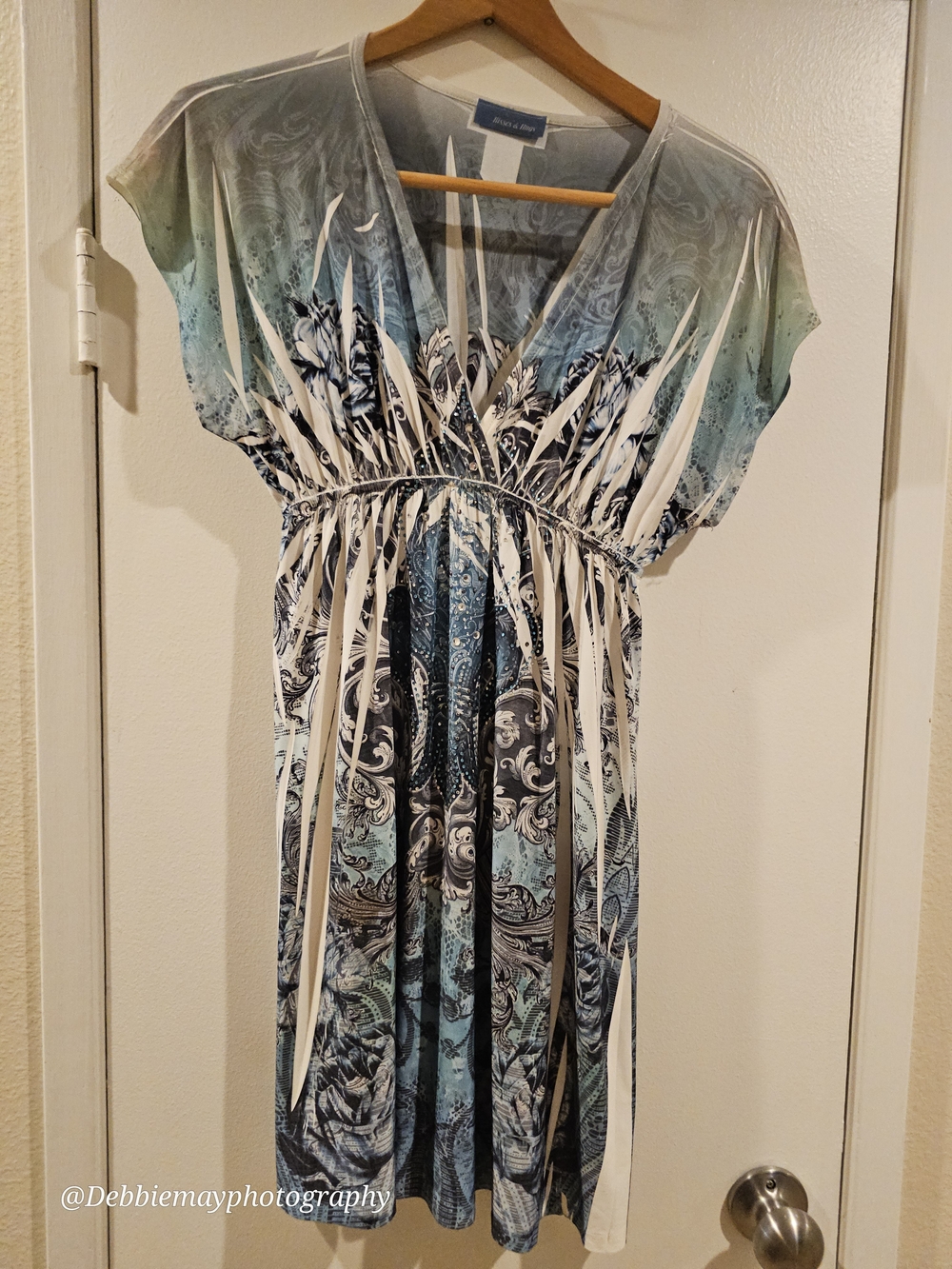 Blue Patterned V-Neck Empire Waist Dress